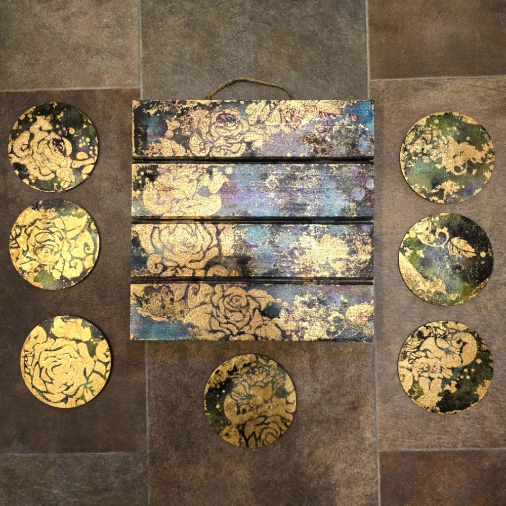 HANDCRAFTED Wood Panel Painting W/ 7 Wood Coasters HANDPAINTED Wood Home Decor